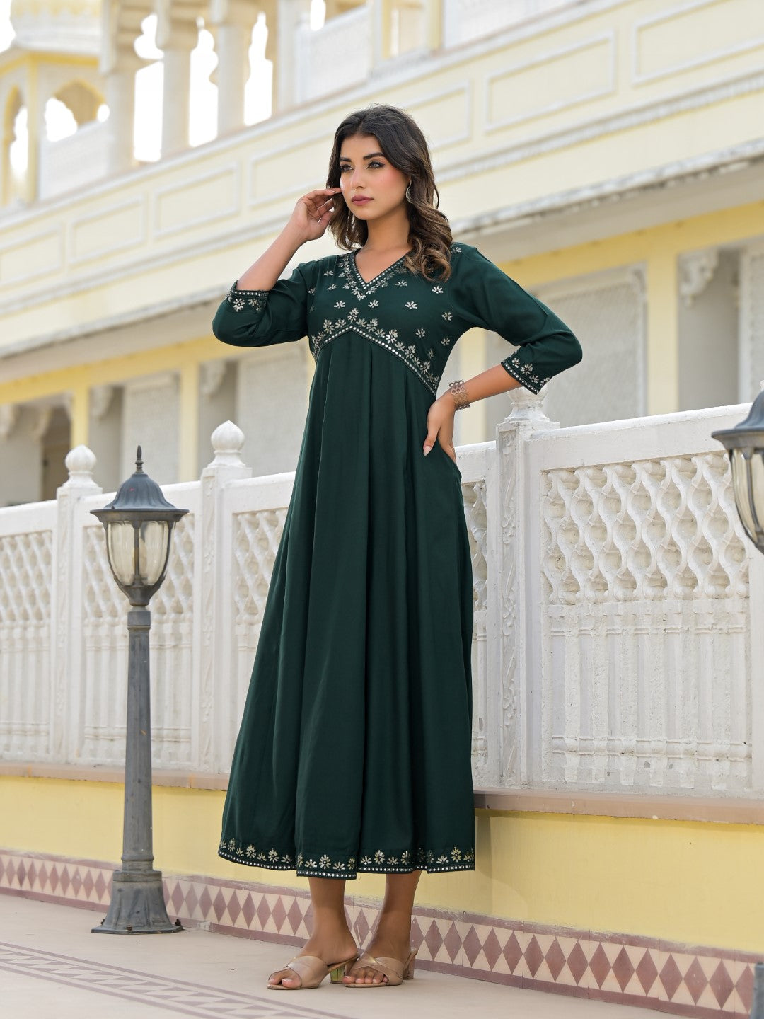 Juniper Women's Bottle Green Mirror Embroidered Liva Rayon Dress With Sequins | Grocsy