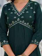 Juniper Women's Bottle Green Mirror Embroidered Liva Rayon Dress With Sequins | Grocsy