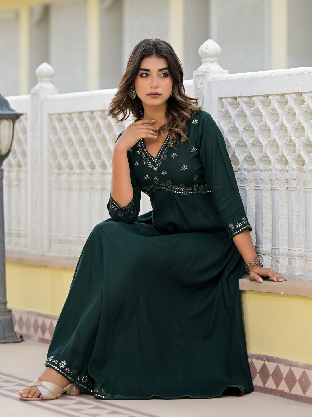 Juniper Women's Bottle Green Mirror Embroidered Liva Rayon Dress With Sequins | Grocsy
