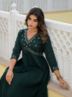 Juniper Women's Bottle Green Mirror Embroidered Liva Rayon Dress With Sequins | Grocsy