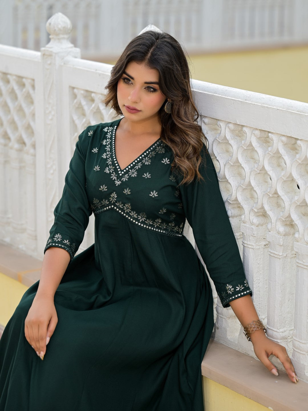 Juniper Women's Bottle Green Mirror Embroidered Liva Rayon Dress With Sequins | Grocsy