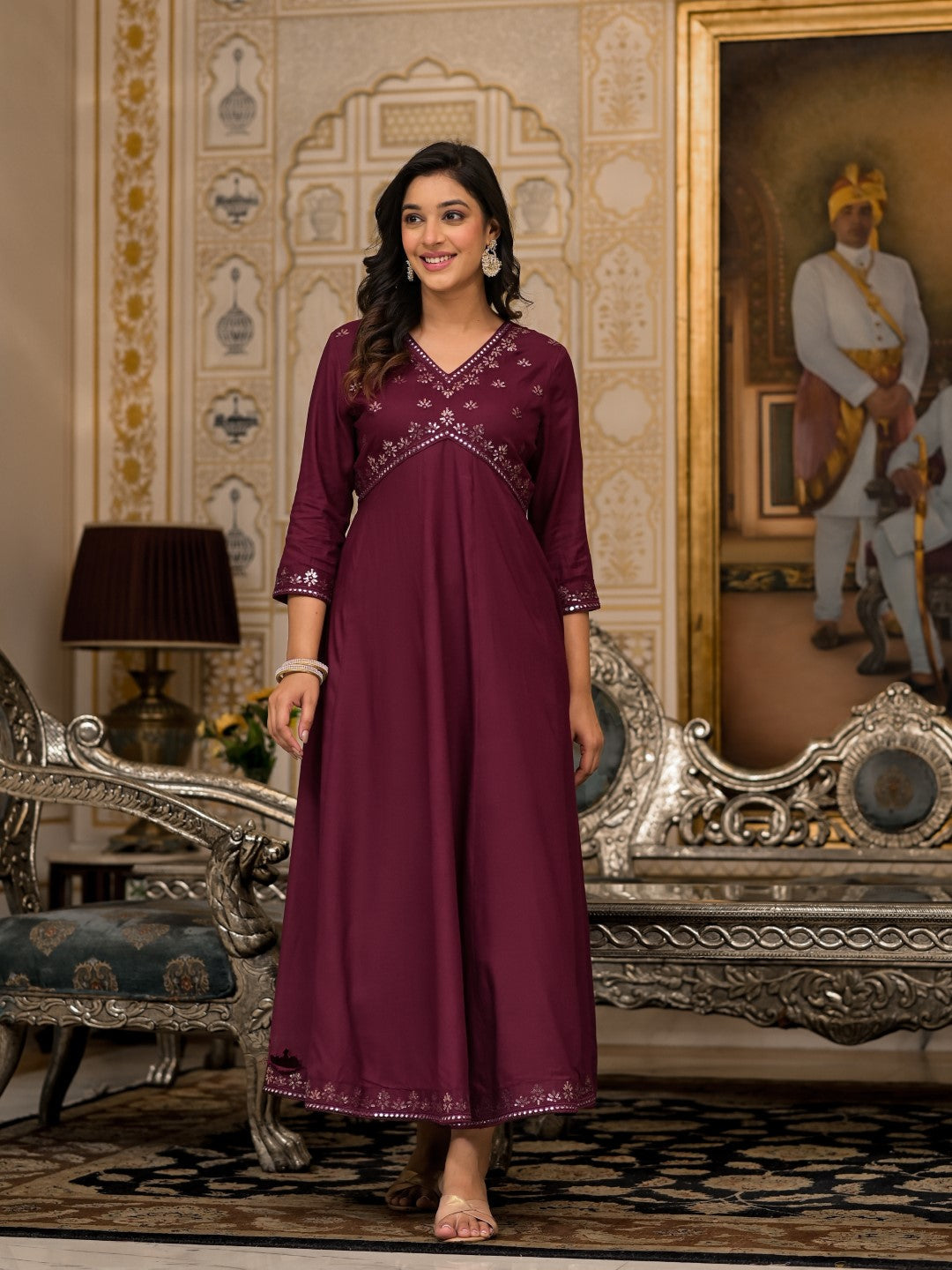 Juniper Women's Wine Mirror Embroidered Liva Rayon Dress For With Sequins | Grocsy
