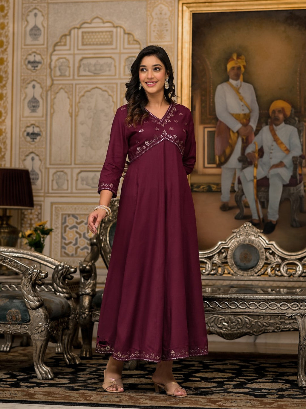 Juniper Women's Wine Mirror Embroidered Liva Rayon Dress For With Sequins | Grocsy
