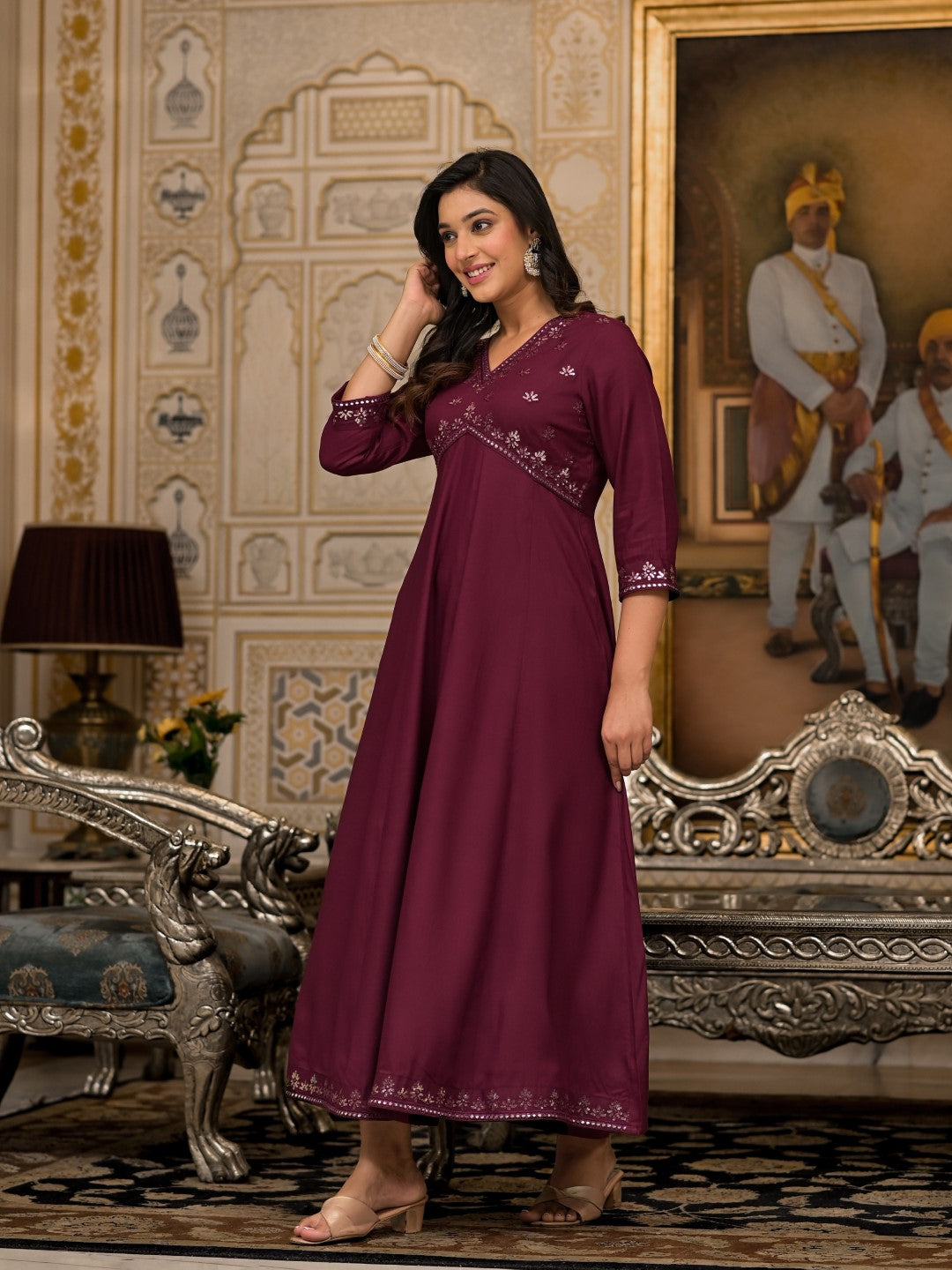 Juniper Women's Wine Mirror Embroidered Liva Rayon Dress For With Sequins | Grocsy