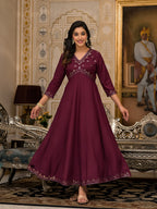 Juniper Women's Wine Mirror Embroidered Liva Rayon Dress For With Sequins | Grocsy