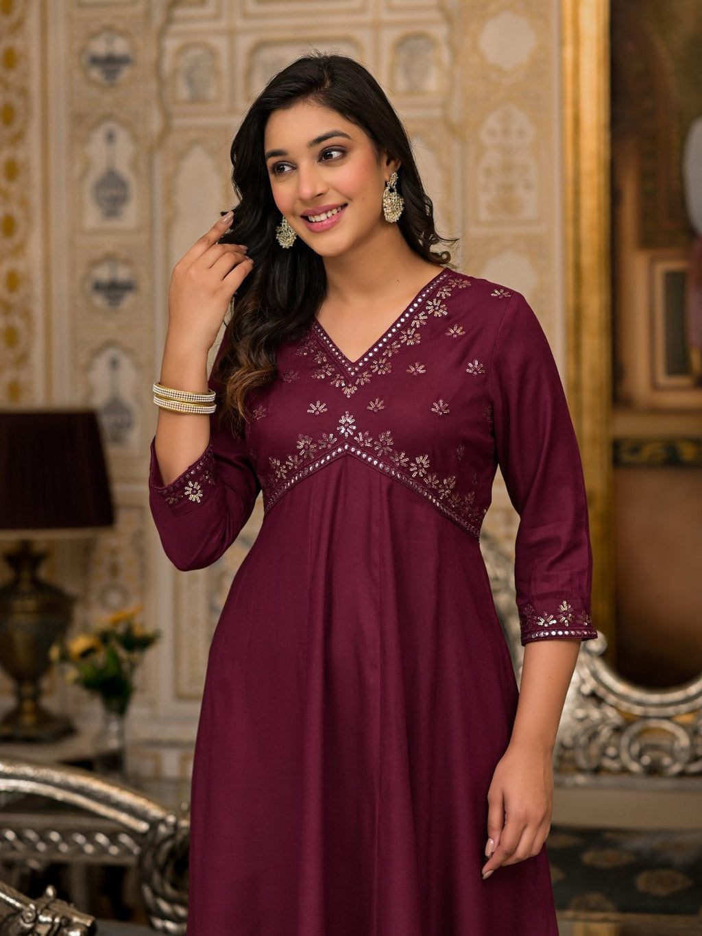 Juniper Women's Wine Mirror Embroidered Liva Rayon Dress For With Sequins | Grocsy
