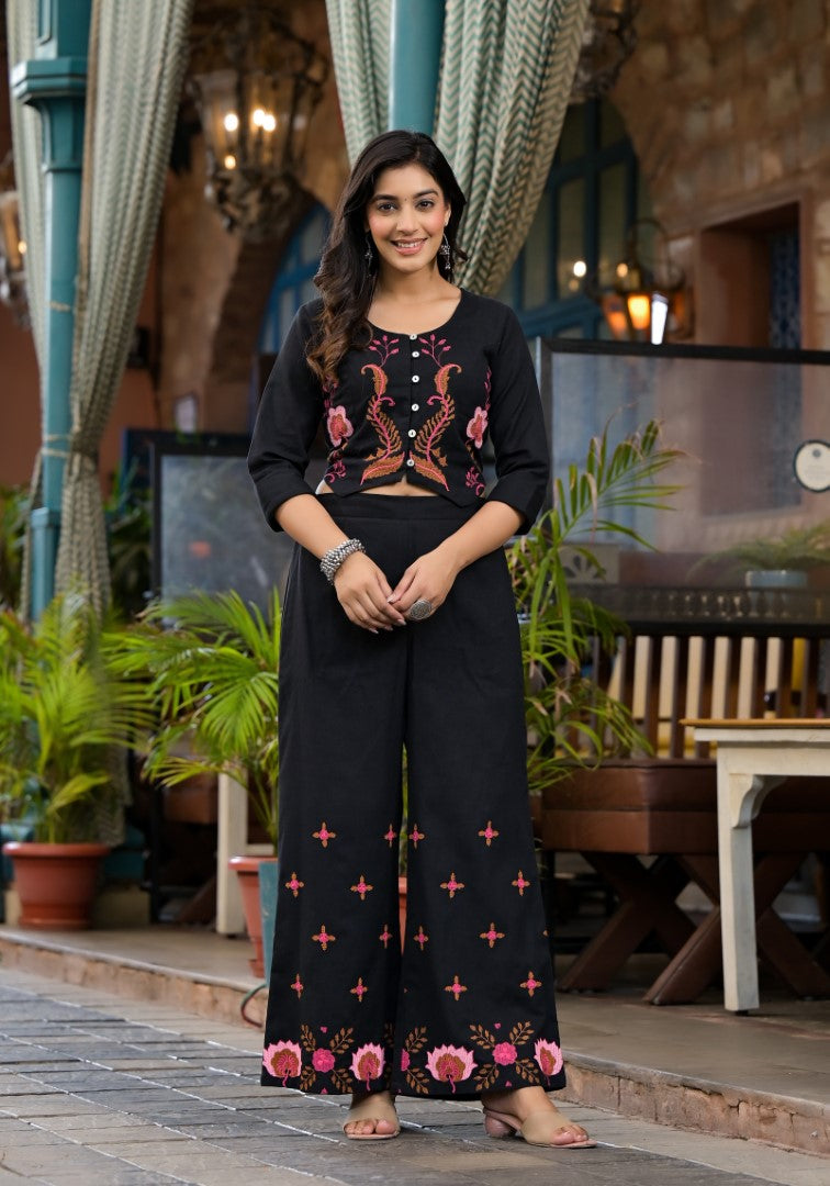 Juniper Women's Black Thread Embroidered Cotton Top & Palazzo Set With Button Detail | Grocsy