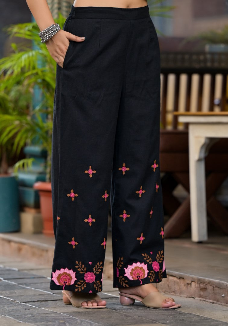 Juniper Women's Black Thread Embroidered Cotton Top & Palazzo Set With Button Detail | Grocsy