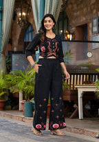 Juniper Women's Black Thread Embroidered Cotton Top & Palazzo Set With Button Detail | Grocsy