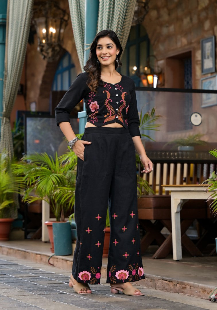 Juniper Women's Black Thread Embroidered Cotton Top & Palazzo Set With Button Detail | Grocsy