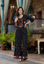 Juniper Women's Black Thread Embroidered Cotton Top & Palazzo Set With Button Detail | Grocsy