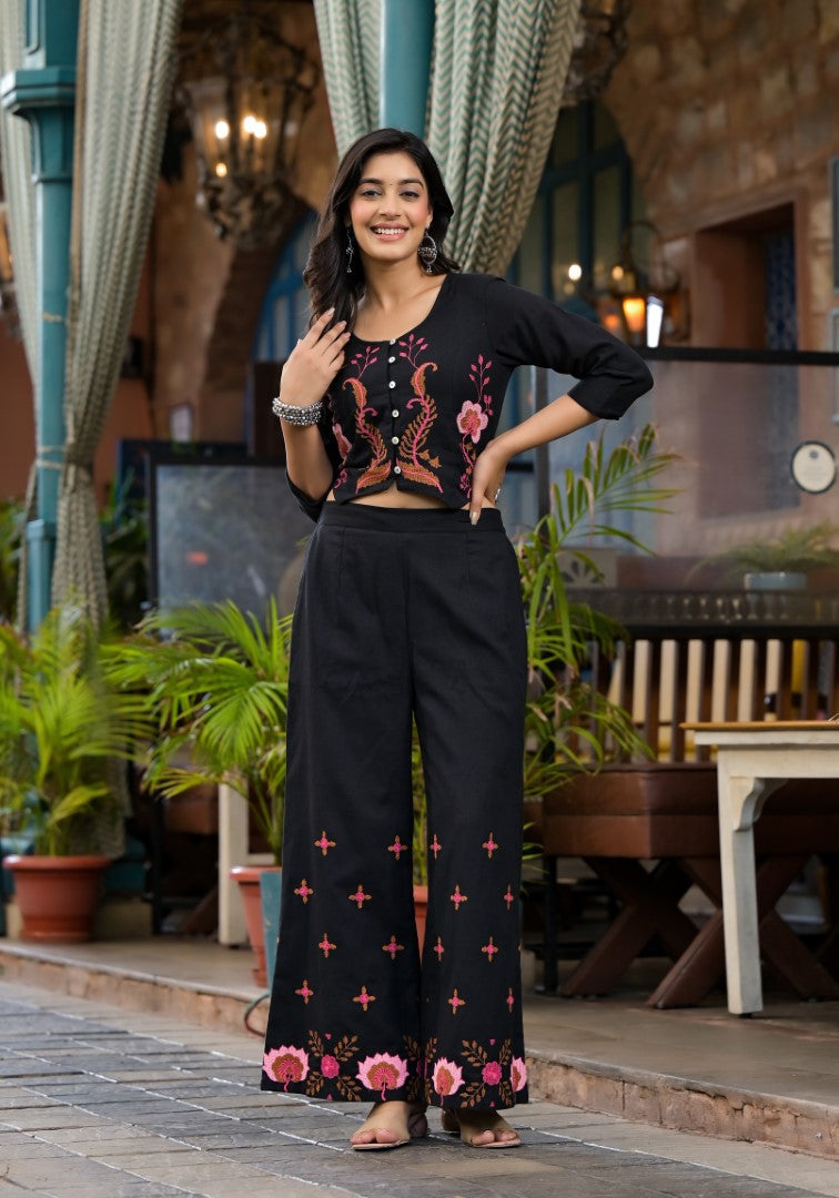 Juniper Women's Black Thread Embroidered Cotton Top & Palazzo Set With Button Detail | Grocsy
