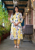 Juniper Women's Yellow Ikat Printed Liva Rayon Kurta With Button Closure | Grocsy