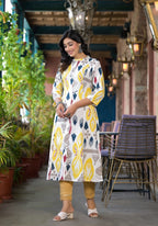 Juniper Women's Yellow Ikat Printed Liva Rayon Kurta With Button Closure | Grocsy