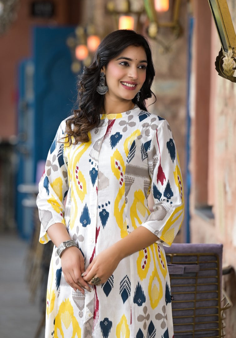 Juniper Women's Yellow Ikat Printed Liva Rayon Kurta With Button Closure | Grocsy
