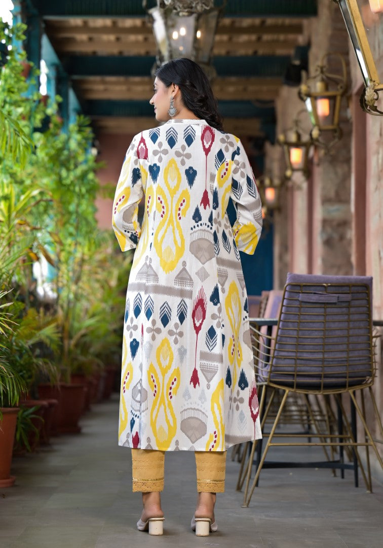 Juniper Women's Yellow Ikat Printed Liva Rayon Kurta With Button Closure | Grocsy