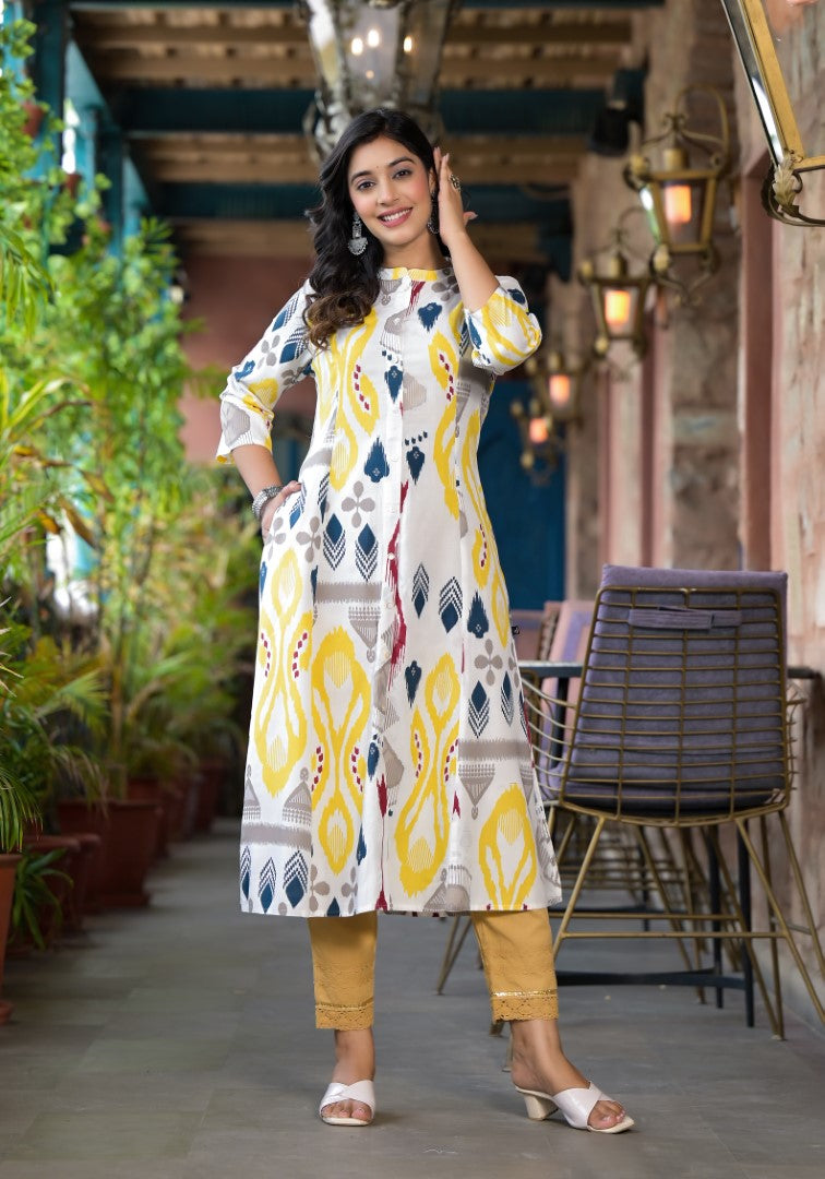 Juniper Women's Yellow Ikat Printed Liva Rayon Kurta With Button Closure | Grocsy
