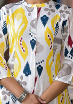 Juniper Women's Yellow Ikat Printed Liva Rayon Kurta With Button Closure | Grocsy