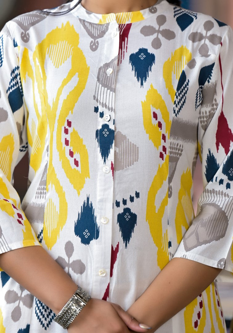 Juniper Women's Yellow Ikat Printed Liva Rayon Kurta With Button Closure | Grocsy