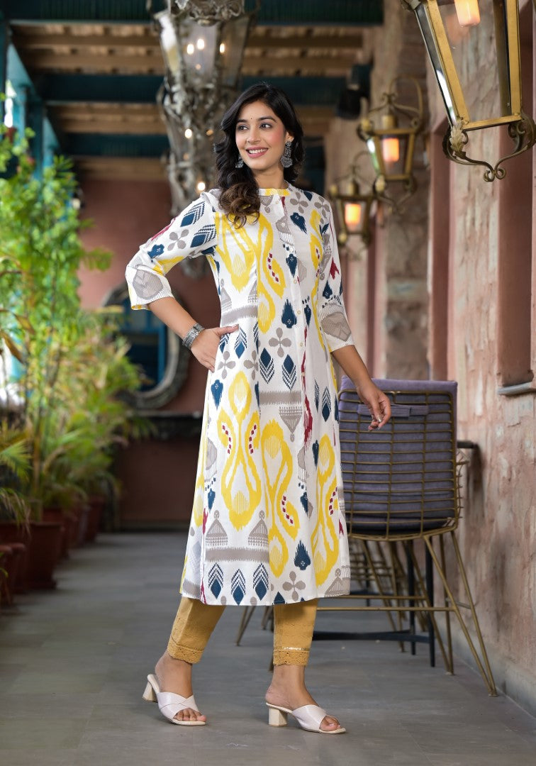 Juniper Women's Yellow Ikat Printed Liva Rayon Kurta With Button Closure | Grocsy