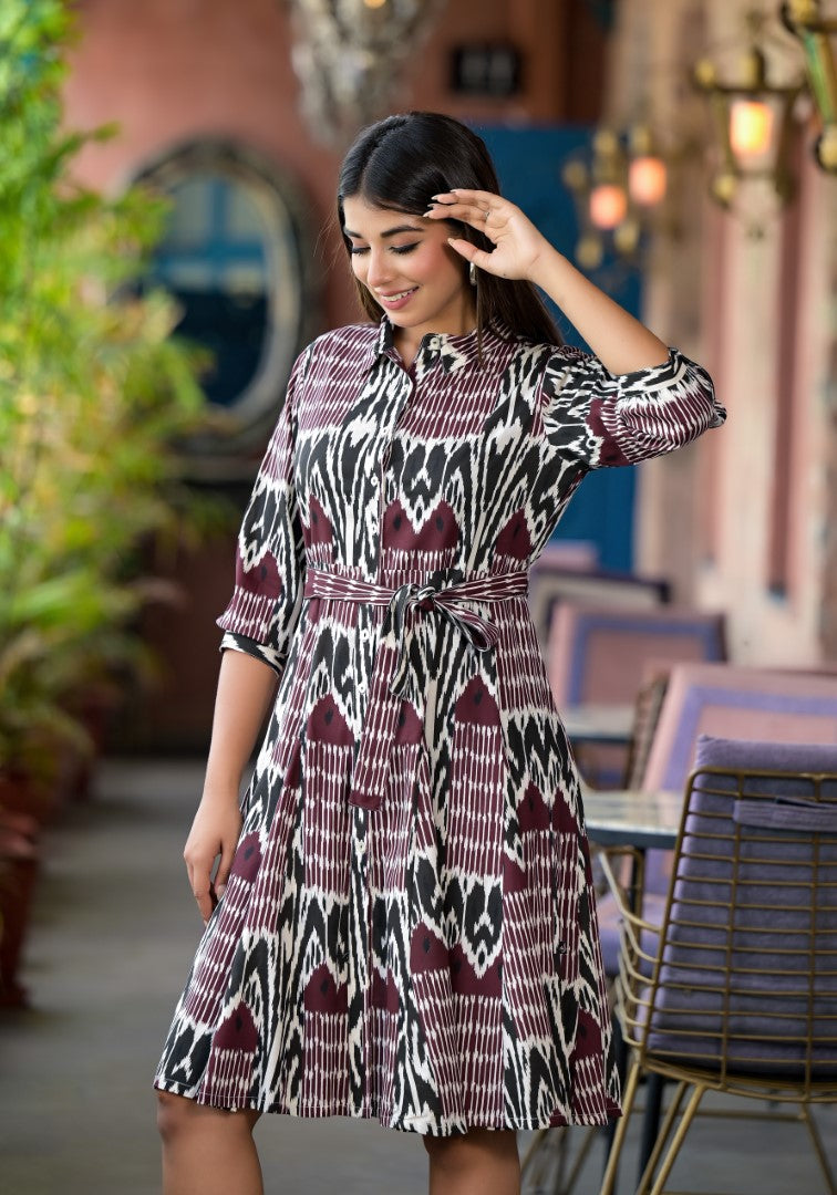 Juniper Women's Muti Color Ikat Printed Liva Rayon Dress With Tie-Ups & Button Closure | Grocsy