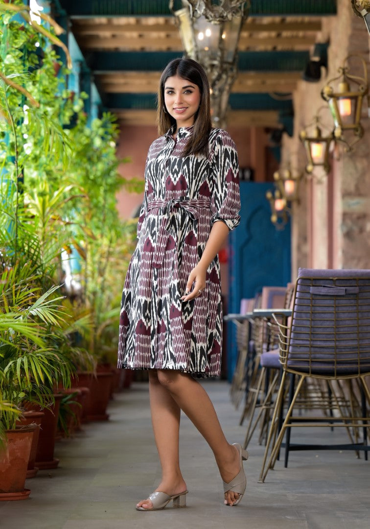 Juniper Women's Muti Color Ikat Printed Liva Rayon Dress With Tie-Ups & Button Closure | Grocsy