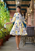 Juniper Women's Yellow Ikat Printed Liva Rayon Dress With Tie-Ups & Button Closure | Grocsy