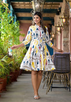Juniper Women's Yellow Ikat Printed Liva Rayon Dress With Tie-Ups & Button Closure | Grocsy