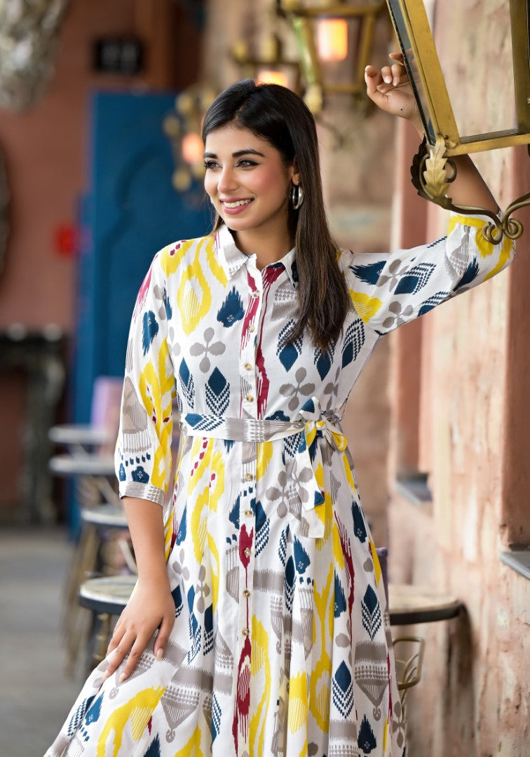 Juniper Women's Yellow Ikat Printed Liva Rayon Dress With Tie-Ups & Button Closure | Grocsy