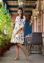 Juniper Women's Yellow Ikat Printed Liva Rayon Dress With Tie-Ups & Button Closure | Grocsy