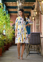 Juniper Women's Yellow Ikat Printed Liva Rayon Dress With Tie-Ups & Button Closure | Grocsy