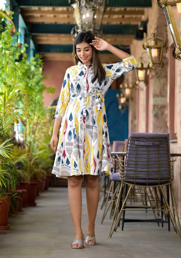 Juniper Women's Yellow Ikat Printed Liva Rayon Dress With Tie-Ups & Button Closure | Grocsy