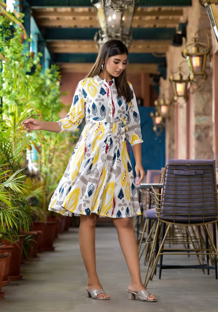 Juniper Women's Yellow Ikat Printed Liva Rayon Dress With Tie-Ups & Button Closure | Grocsy