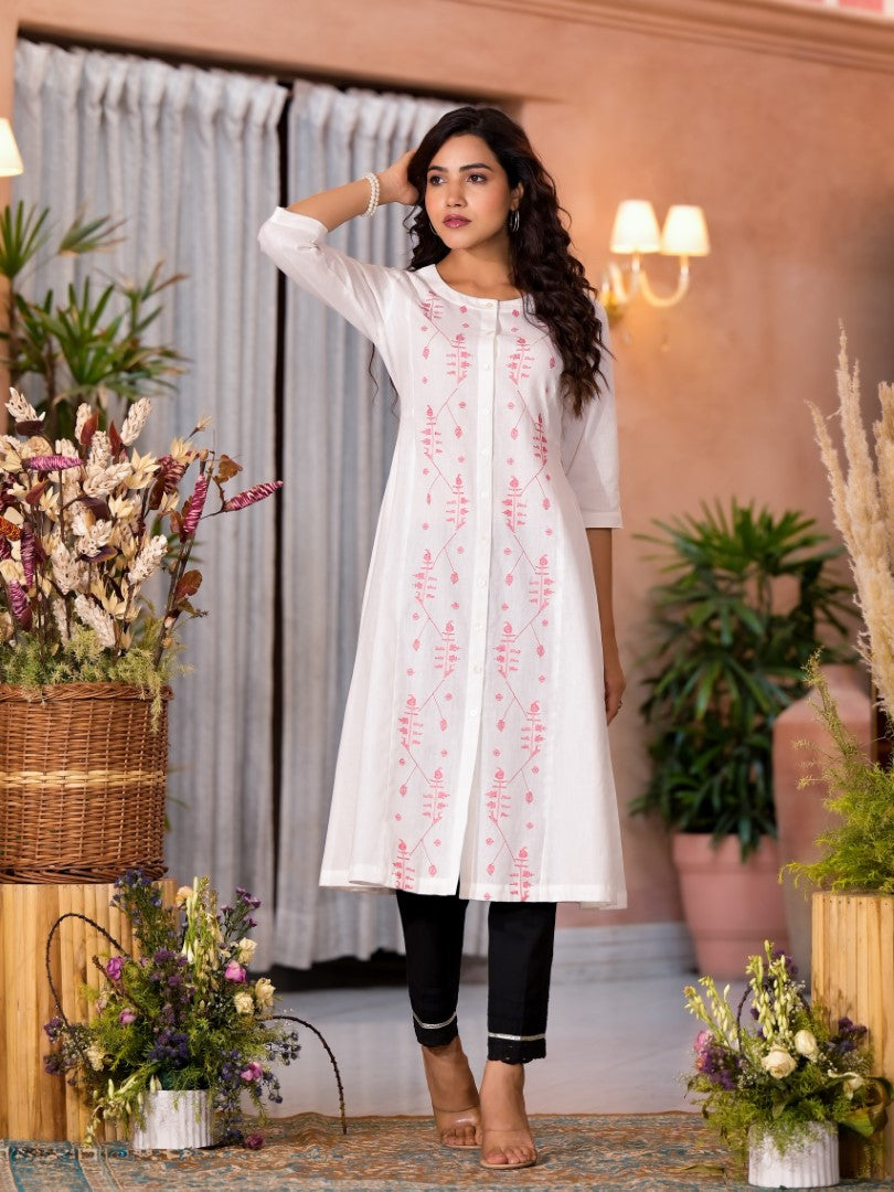 Juniper Women's White Thread Embroidered Cotton Kurta Set With Button Closure | Grocsy
