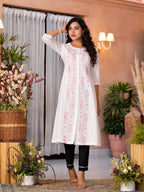 Juniper Women's White Thread Embroidered Cotton Kurta Set With Button Closure | Grocsy