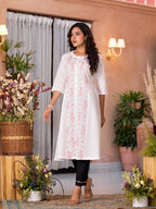 Juniper Women's White Thread Embroidered Cotton Kurta Set With Button Closure | Grocsy