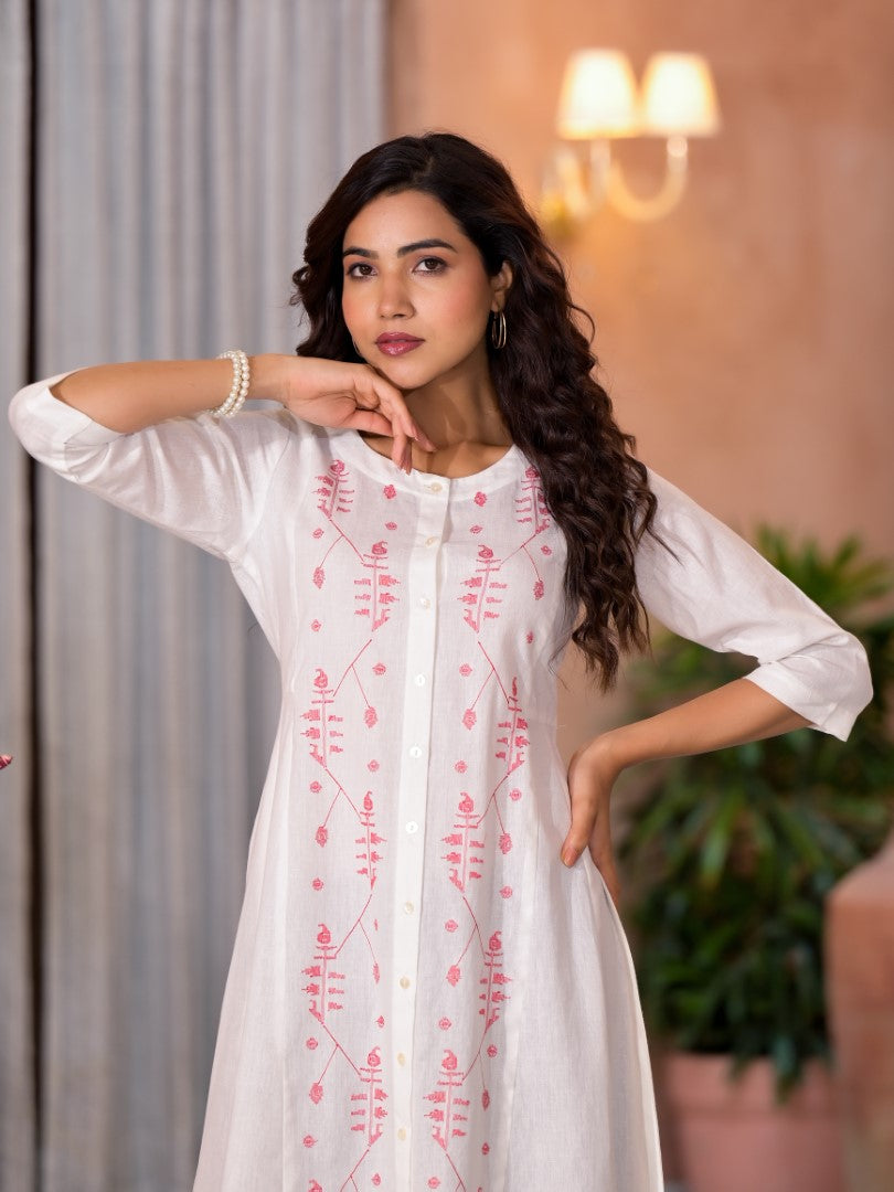Juniper Women's White Thread Embroidered Cotton Kurta Set With Button Closure | Grocsy