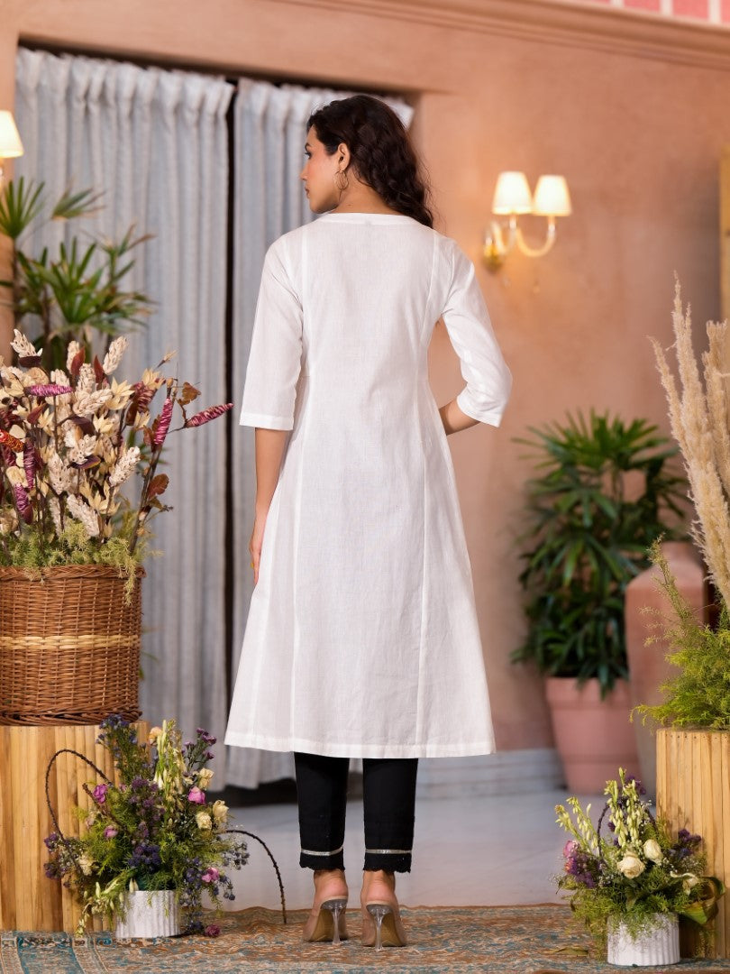 Juniper Women's White Thread Embroidered Cotton Kurta Set With Button Closure | Grocsy