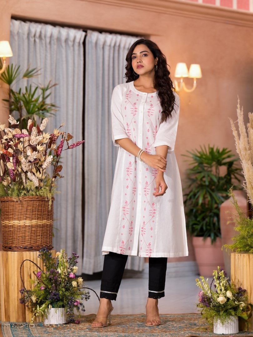 Juniper Women's White Thread Embroidered Cotton Kurta Set With Button Closure | Grocsy