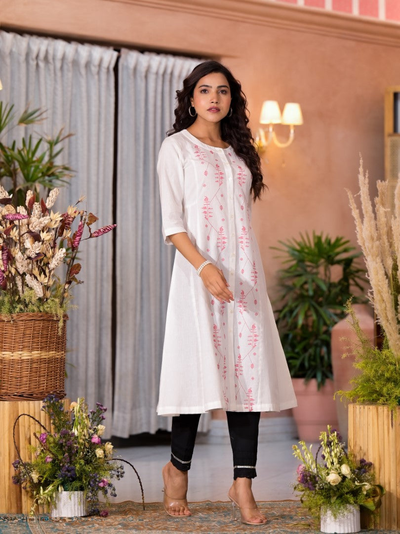 Juniper Women's White Thread Embroidered Cotton Kurta Set With Button Closure | Grocsy