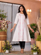 Juniper Women's White Thread Embroidered Cotton Kurta Set With Button Closure | Grocsy
