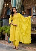 Juniper Women's Yellow Mirror Embroidered Liva Rayon Kurta Pant And Dupatta Set With Lace & Button Detail | Grocsy