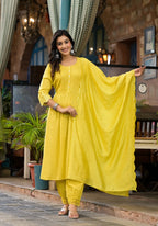 Juniper Women's Yellow Mirror Embroidered Liva Rayon Kurta Pant And Dupatta Set With Lace & Button Detail | Grocsy