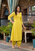 Juniper Women's Yellow Mirror Embroidered Liva Rayon Kurta Pant And Dupatta Set With Lace & Button Detail | Grocsy