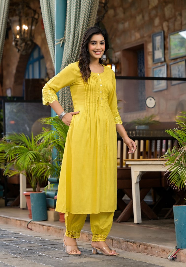 Juniper Women's Yellow Mirror Embroidered Liva Rayon Kurta Pant And Dupatta Set With Lace & Button Detail | Grocsy