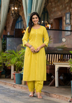 Juniper Women's Yellow Mirror Embroidered Liva Rayon Kurta Pant And Dupatta Set With Lace & Button Detail | Grocsy