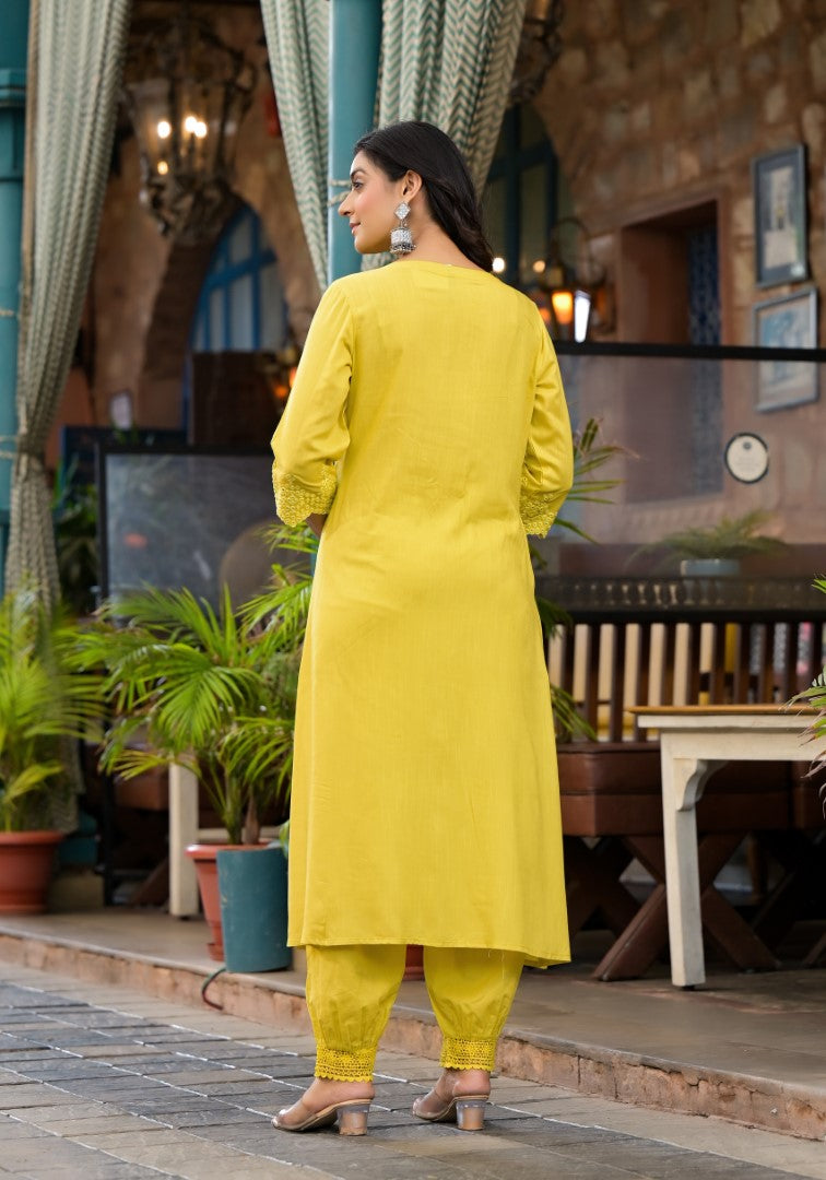 Juniper Women's Yellow Mirror Embroidered Liva Rayon Kurta Pant And Dupatta Set With Lace & Button Detail | Grocsy