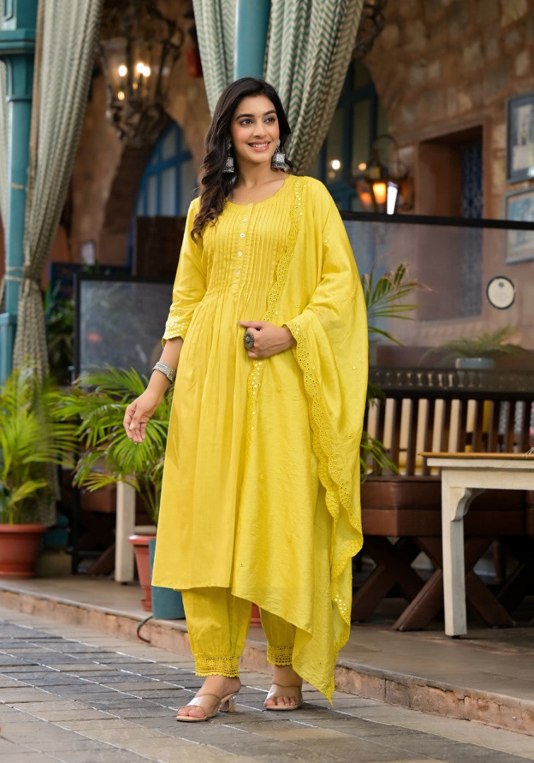 Juniper Women's Yellow Mirror Embroidered Liva Rayon Kurta Pant And Dupatta Set With Lace & Button Detail | Grocsy