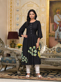 Juniper Women's Black Floral Printed Liva Rayon Kurta With Buttons | Grocsy