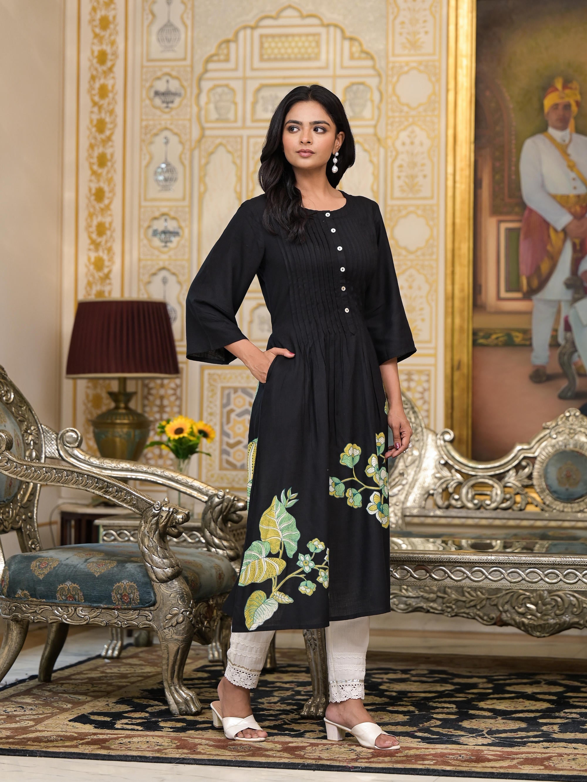 Juniper Women's Black Floral Printed Liva Rayon Kurta With Buttons | Grocsy